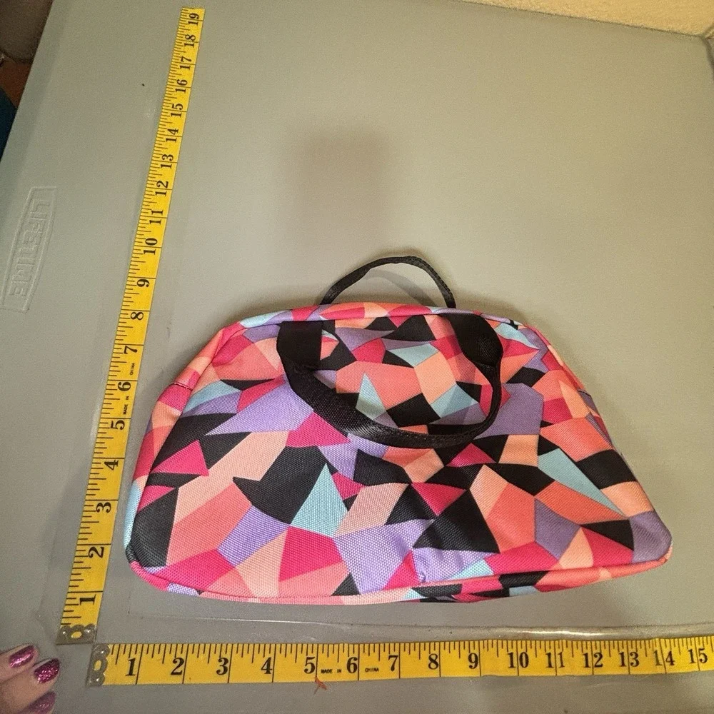 Colorful Geometric Insulated Lunch Bag Double Handles Side Pockets, Gold Zipper